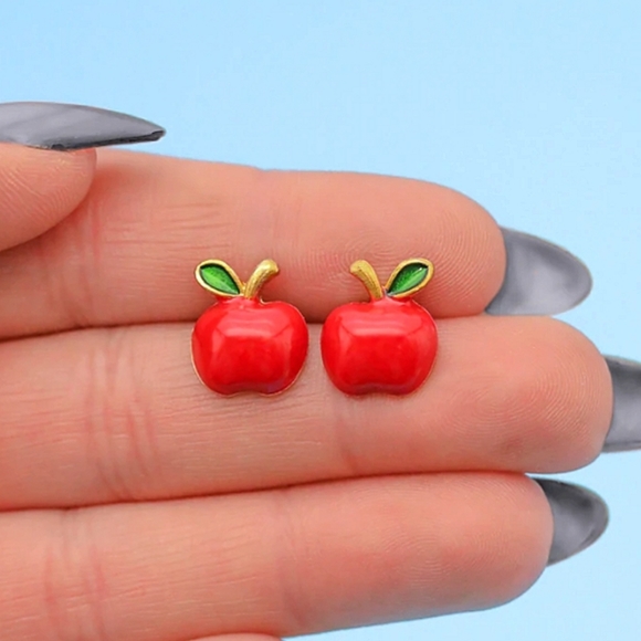 Red Apple Earrings Stud Post Back Red Novelty Fruit Jewelry For Teachers Gifts - Picture 2 of 2